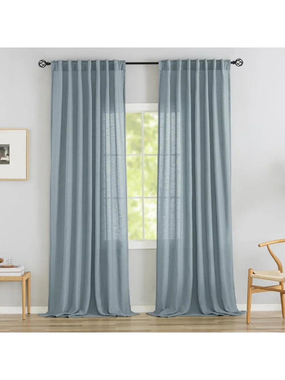 Stone Blue Linen Back Tab Curtains 96” Long - 2 Panel Set, Light Filtering, Easy